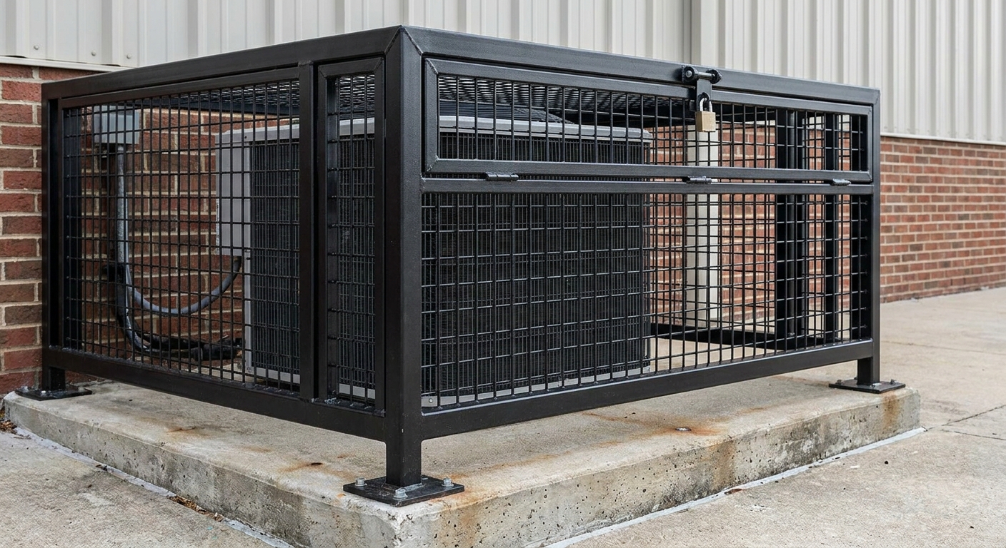 Welded steel security cage around an outdoor AC condenser unit
