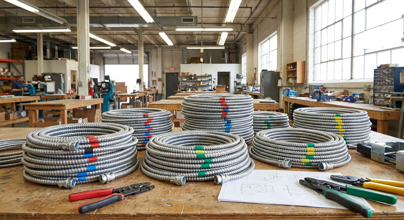 Bundled MC armored cable rough-in kits cut and labeled